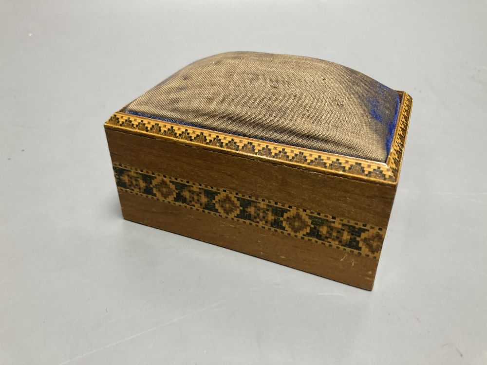 A Tunbridge ware box, width 24cm, and a Tunbridge ware pin cushion